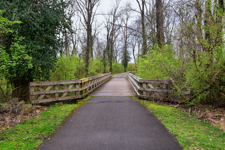 cenic walking and biking trail at Shelby Bottoms Greenway in Nashville, TN, surrounded by trees and open sky
